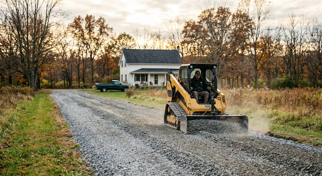 Gravel driveway being regraded and crowned in Central NJ