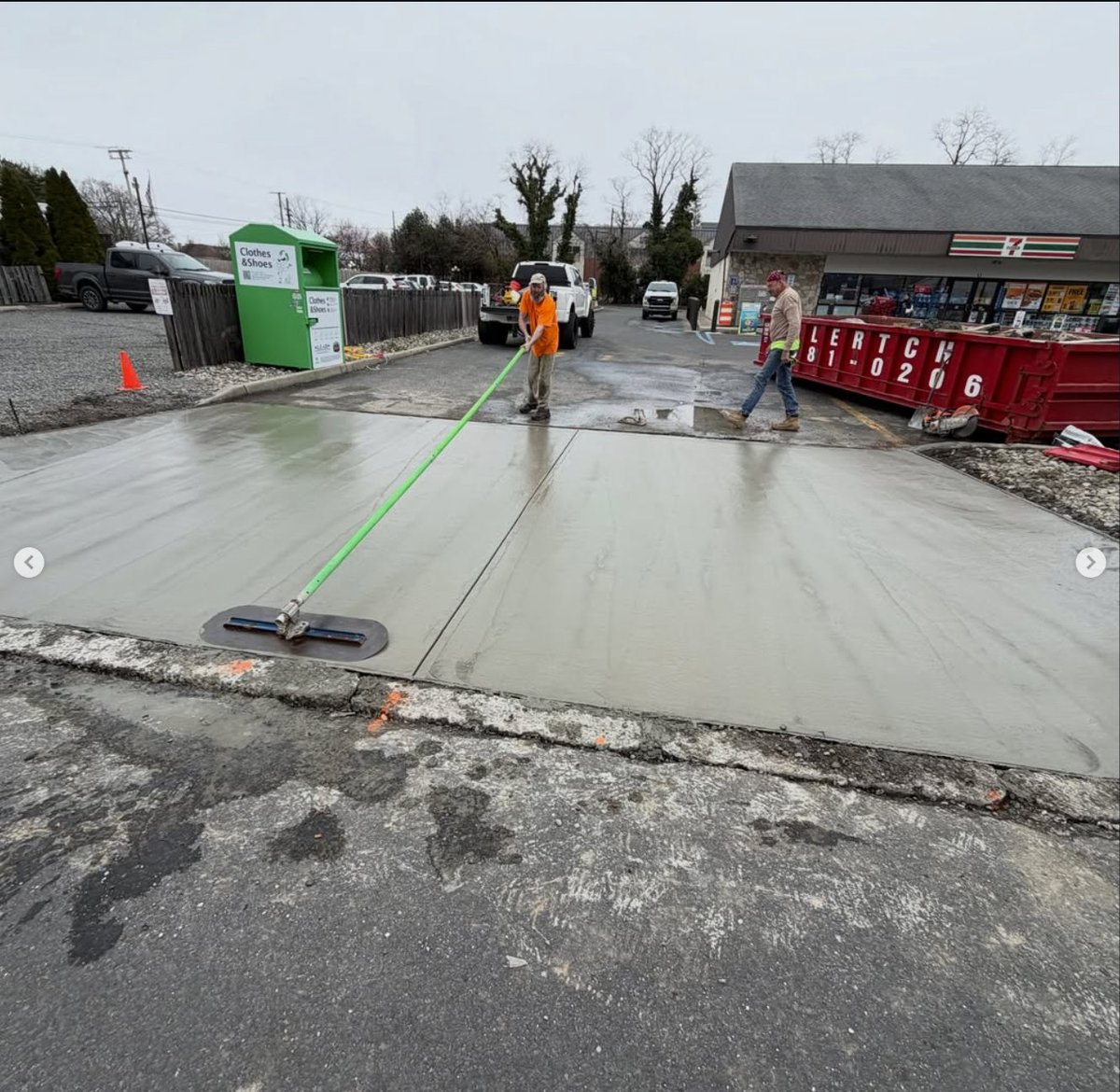 The pour — finishing the fresh concrete with a bull float