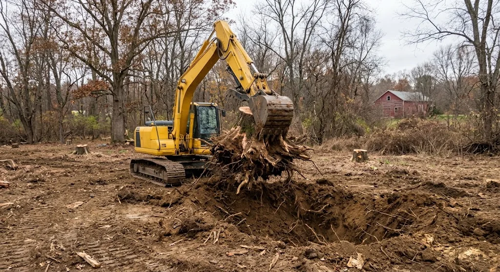 Stump being removed by excavator on a Central NJ lot